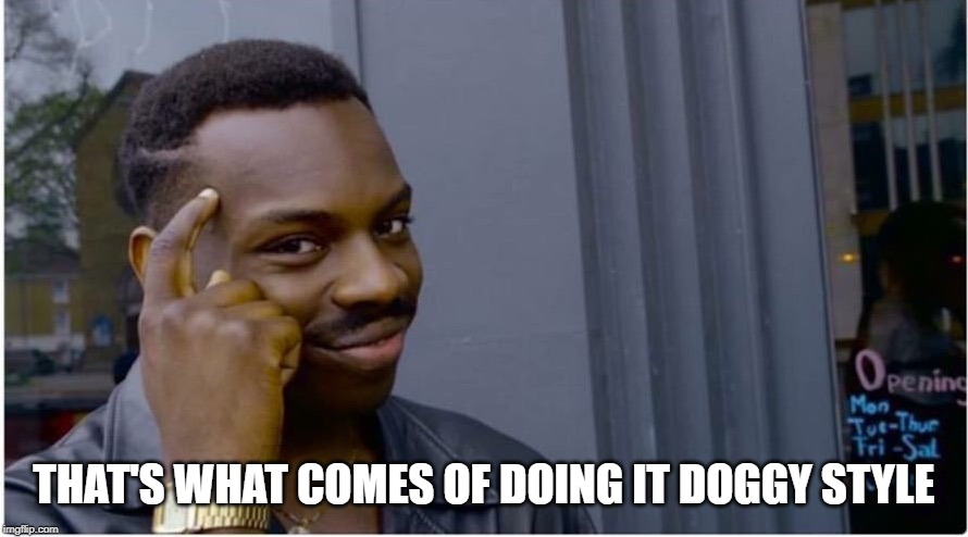 Roll safe | THAT'S WHAT COMES OF DOING IT DOGGY STYLE | image tagged in roll safe | made w/ Imgflip meme maker