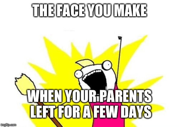 X All The Y Meme | THE FACE YOU MAKE; WHEN YOUR PARENTS LEFT FOR A FEW DAYS | image tagged in memes,x all the y | made w/ Imgflip meme maker