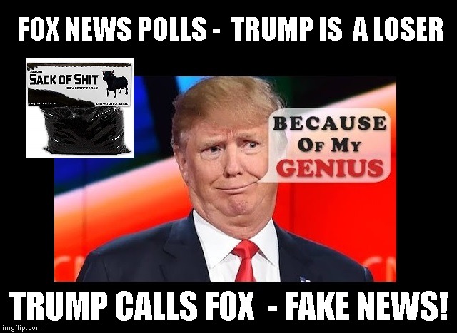 That's Right Trumptards - Your Dear Leader Attacked Fox News | FOX NEWS POLLS -  TRUMP IS  A LOSER; TRUMP CALLS FOX  - FAKE NEWS! | image tagged in donald trump is an idiot,racist,criminal,conman,fox news,impeach trump | made w/ Imgflip meme maker