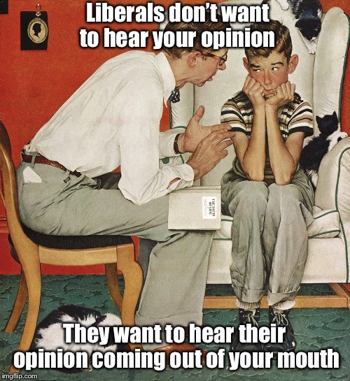 Political discussion is a treacherous minefield | Liberals don’t want to hear your opinion; They want to hear their opinion coming out of your mouth | image tagged in norman rockwell,politics,liberal agenda,political meme,memes | made w/ Imgflip meme maker