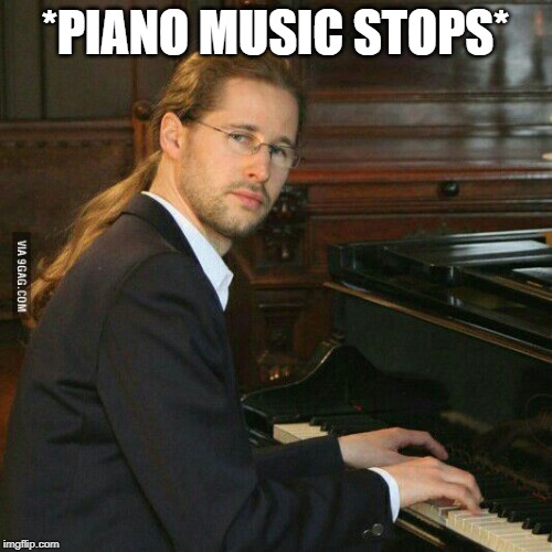 piano guy | *PIANO MUSIC STOPS* | image tagged in piano guy | made w/ Imgflip meme maker