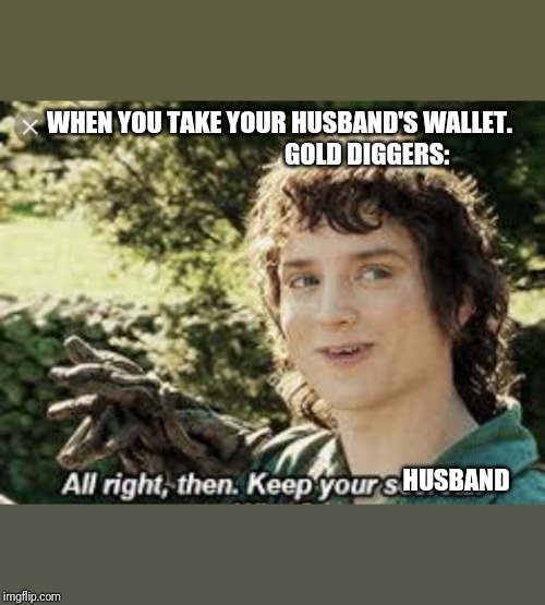 All Right Then, Keep Your Secrets | WHEN YOU TAKE YOUR HUSBAND'S WALLET.                                  
GOLD DIGGERS:; HUSBAND | image tagged in all right then keep your secrets | made w/ Imgflip meme maker