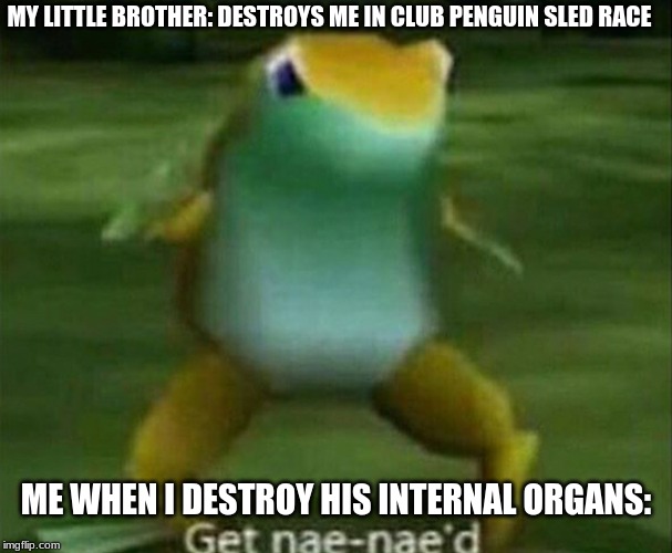 Get nae-nae'd | MY LITTLE BROTHER: DESTROYS ME IN CLUB PENGUIN SLED RACE; ME WHEN I DESTROY HIS INTERNAL ORGANS: | image tagged in get nae-nae'd | made w/ Imgflip meme maker