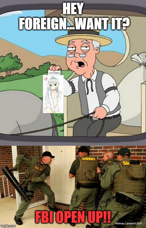 HEY FOREIGN...WANT IT? FBI OPEN UP!! | image tagged in memes,pepperidge farm remembers | made w/ Imgflip meme maker