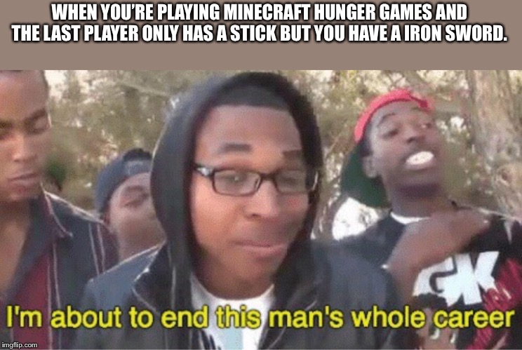 Im about to end this mans whole career meme | WHEN YOU’RE PLAYING MINECRAFT HUNGER GAMES AND THE LAST PLAYER ONLY HAS A STICK BUT YOU HAVE A IRON SWORD. | image tagged in im about to end this mans whole career meme | made w/ Imgflip meme maker