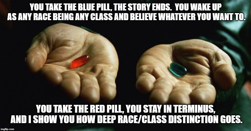 Red pill blue pill | YOU TAKE THE BLUE PILL, THE STORY ENDS.  YOU WAKE UP AS ANY RACE BEING ANY CLASS AND BELIEVE WHATEVER YOU WANT TO. YOU TAKE THE RED PILL, YO | image tagged in red pill blue pill | made w/ Imgflip meme maker