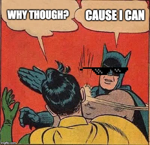 Batman Slapping Robin Meme | WHY THOUGH? CAUSE I CAN | image tagged in memes,batman slapping robin | made w/ Imgflip meme maker
