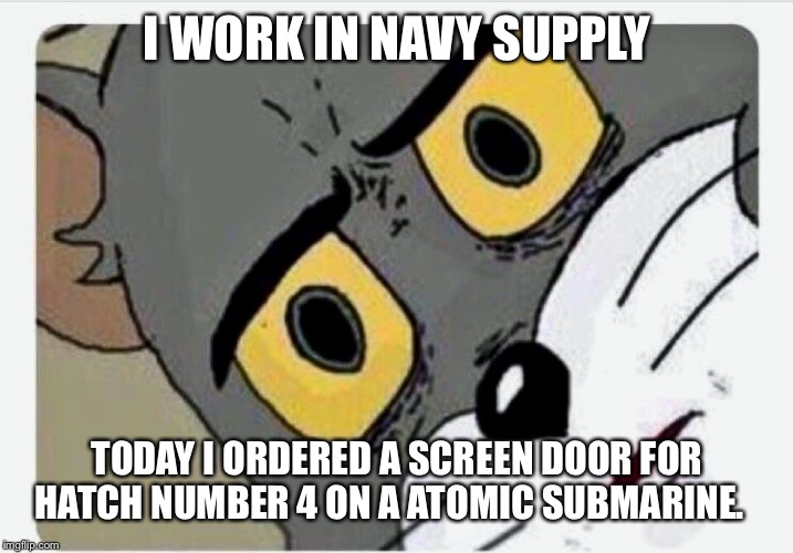 Disturbed Tom | I WORK IN NAVY SUPPLY; TODAY I ORDERED A SCREEN DOOR FOR HATCH NUMBER 4 ON A ATOMIC SUBMARINE. | image tagged in disturbed tom | made w/ Imgflip meme maker