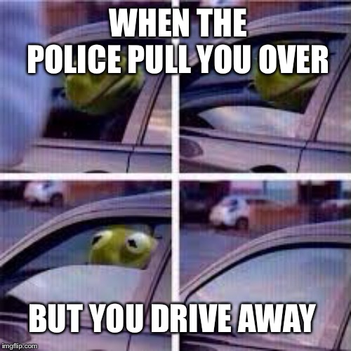 Kirmit in car  | WHEN THE POLICE PULL YOU OVER; BUT YOU DRIVE AWAY | image tagged in kirmit in car | made w/ Imgflip meme maker