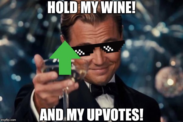 MLG Leonardo DiCaprio Cheers | HOLD MY WINE! AND MY UPVOTES! | image tagged in mlg leonardo dicaprio cheers | made w/ Imgflip meme maker