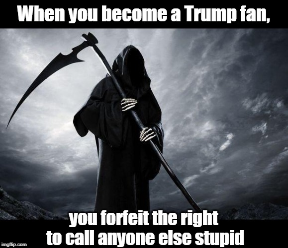 Forever | When you become a Trump fan, you forfeit the right to call anyone else stupid | image tagged in death,trump,stupid,idiot,moron | made w/ Imgflip meme maker