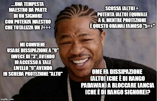 Yo Dawg Heard You Meme | SCOSSA (ALTO) + POTENTA (ALTO) EQUIVALE A 6, MENTRE PROTEZIONE È QUESTO ORAMAI FAMOSO "5++"; ....UNA TEMPESTA MAESTRO DA PARTE DI UN SIGNORE CON POTENZA MAESTRO CHE TOTALIZZA UN 7+++; MI CONVIENE USARE DISSIPAZIONE A "9" INVECE DI "3", AVENDO IO ACCESSO A TALE LIVELLO "9" AVENDO IN SCHEDA PROTEZIONE "ALTO"; OME FA DISSIPAZIONE (ALTO) (CHE È DI RANGO PADAWAN) A BLOCCARE LANCIA (CHE È DI RANGO SIGNORE)? | image tagged in memes,yo dawg heard you | made w/ Imgflip meme maker