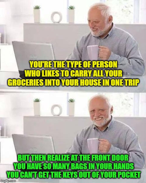 Painful lessons in life? | YOU'RE THE TYPE OF PERSON WHO LIKES TO CARRY ALL YOUR GROCERIES INTO YOUR HOUSE IN ONE TRIP; BUT THEN REALIZE AT THE FRONT DOOR YOU HAVE SO MANY BAGS IN YOUR HANDS YOU CAN'T GET THE KEYS OUT OF YOUR POCKET | image tagged in memes,hide the pain harold,keys | made w/ Imgflip meme maker