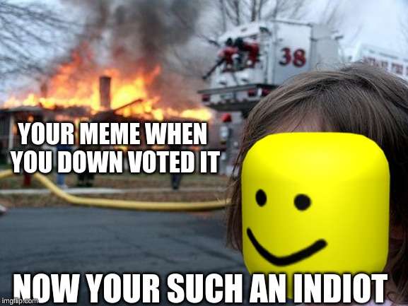 Disaster Girl Meme | YOUR MEME WHEN YOU DOWN VOTED IT; NOW YOUR SUCH AN IDIOT | image tagged in memes,disaster girl | made w/ Imgflip meme maker