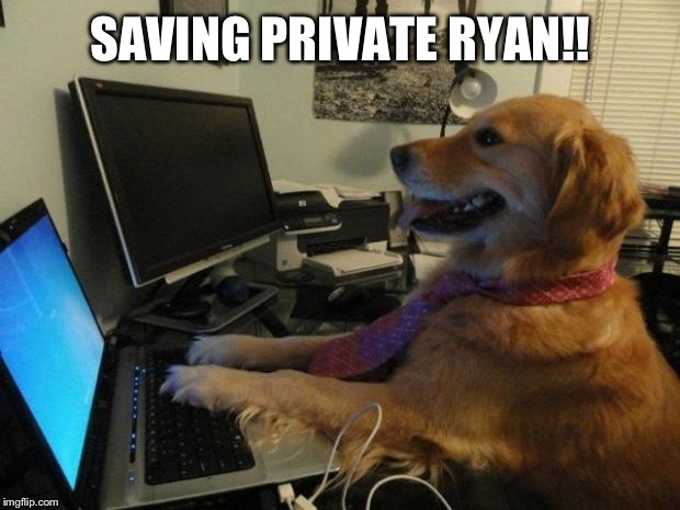 Dog behind a computer | SAVING PRIVATE RYAN!! | image tagged in dog behind a computer | made w/ Imgflip meme maker