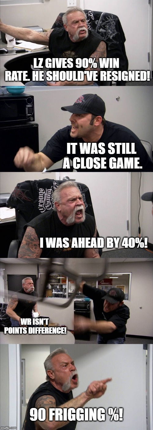 American Chopper Argument Meme | LZ GIVES 90% WIN RATE. HE SHOULD'VE RESIGNED! IT WAS STILL A CLOSE GAME. I WAS AHEAD BY 40%! WR ISN'T POINTS DIFFERENCE! 90 FRIGGING %! | image tagged in memes,american chopper argument | made w/ Imgflip meme maker