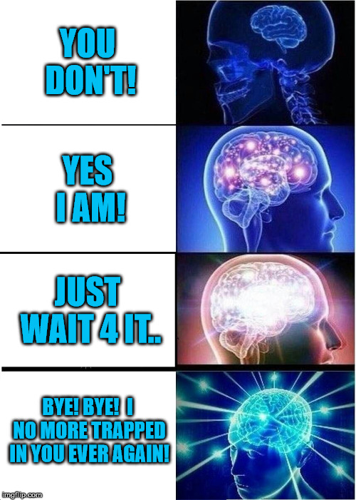 Expanding Brain | YOU DON'T! YES I AM! JUST WAIT 4 IT.. BYE! BYE!
 I NO MORE TRAPPED IN YOU EVER AGAIN! | image tagged in memes,expanding brain | made w/ Imgflip meme maker