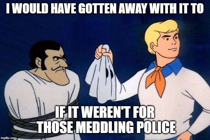 scooby doo meddling kids |  I WOULD HAVE GOTTEN AWAY WITH IT TO; IF IT WEREN'T FOR THOSE MEDDLING POLICE | image tagged in scooby doo meddling kids | made w/ Imgflip meme maker