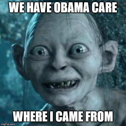 Gollum Meme | WE HAVE OBAMA CARE; WHERE I CAME FROM | image tagged in memes,gollum | made w/ Imgflip meme maker