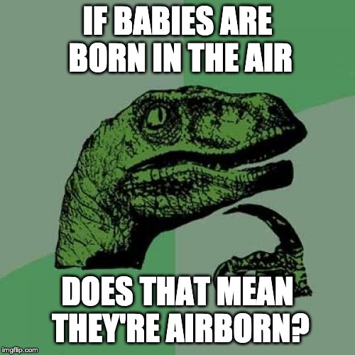 AIRBORNE | IF BABIES ARE BORN IN THE AIR; DOES THAT MEAN THEY'RE AIRBORN? | image tagged in memes,philosoraptor | made w/ Imgflip meme maker