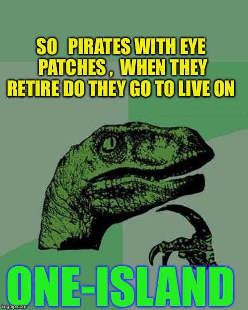 It’s all about perception. | SO   PIRATES WITH EYE PATCHES ,  WHEN THEY RETIRE DO THEY GO TO LIVE ON; ONE-ISLAND | image tagged in memes,philosoraptor,pirates,desert island,play on words | made w/ Imgflip meme maker