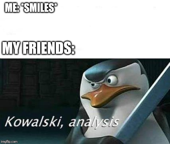 And I'm smiling. That's a first. | ME: *SMILES*; MY FRIENDS: | image tagged in kowalski analysis,smile,blaze the blaziken | made w/ Imgflip meme maker