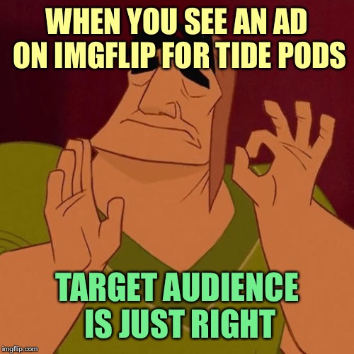 When X just right | WHEN YOU SEE AN AD ON IMGFLIP FOR TIDE PODS; TARGET AUDIENCE IS JUST RIGHT | image tagged in when x just right | made w/ Imgflip meme maker
