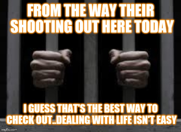 Jroc113 | FROM THE WAY THEIR SHOOTING OUT HERE TODAY; I GUESS THAT'S THE BEST WAY TO CHECK OUT..DEALING WITH LIFE ISN'T EASY | image tagged in jail | made w/ Imgflip meme maker
