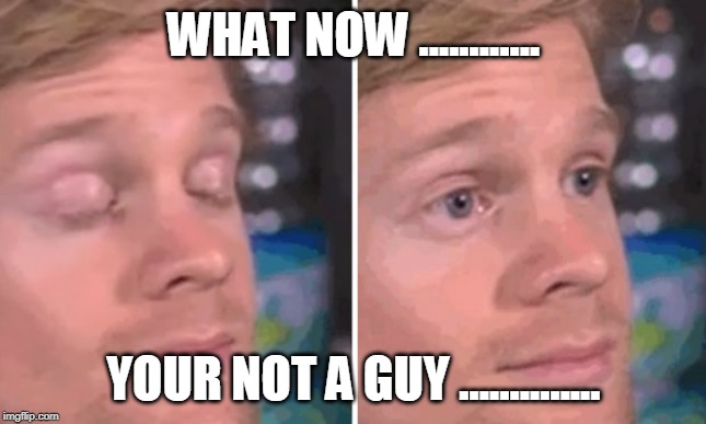White guy blinking | WHAT NOW ............ YOUR NOT A GUY .............. | image tagged in white guy blinking | made w/ Imgflip meme maker
