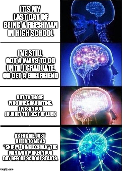 Expanding Brain Meme | IT'S MY LAST DAY OF BEING A FRESHMAN IN HIGH SCHOOL; I'VE STILL GOT A WAYS TO GO UNTIL I GRADUATE, OR GET A GIRLFRIEND; BUT TO THOSE WHO ARE GRADUATING, I WISH YOUR JOURNEY THE BEST OF LUCK; AS FOR ME, JUST REFER TO ME AS "SKIPPY_DINGLECHALK" THE MAN WHO MAKES YOUR DAY BEFORE SCHOOL STARTS. | image tagged in memes,expanding brain | made w/ Imgflip meme maker