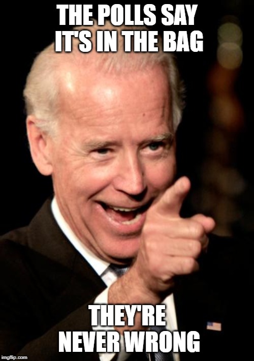 Smilin Biden Meme | THE POLLS SAY IT'S IN THE BAG; THEY'RE NEVER WRONG | image tagged in memes,smilin biden | made w/ Imgflip meme maker