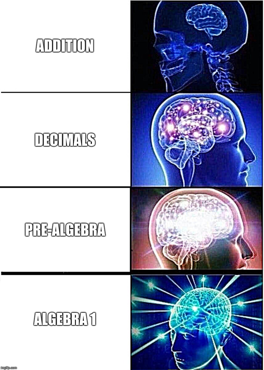 Expanding Brain | ADDITION; DECIMALS; PRE-ALGEBRA; ALGEBRA 1 | image tagged in memes,expanding brain | made w/ Imgflip meme maker
