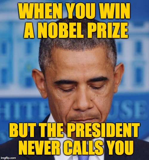 It helps to roll around in the money, I'm sure  ( : | WHEN YOU WIN A NOBEL PRIZE; BUT THE PRESIDENT NEVER CALLS YOU | image tagged in disappointed obama,memes,nobel prize | made w/ Imgflip meme maker