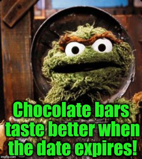 Oscar the Grouch | Chocolate bars taste better when the date expires! | image tagged in oscar the grouch | made w/ Imgflip meme maker
