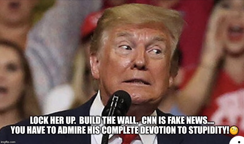 Donald Trump 2016 campaign reboot | LOCK HER UP.  BUILD THE WALL.  CNN IS FAKE NEWS....  
YOU HAVE TO ADMIRE HIS COMPLETE DEVOTION TO STUPIDITY!🧐 | image tagged in donald trump,trump rally,lock him up | made w/ Imgflip meme maker