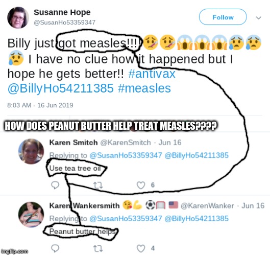 she should get an IQ test and we have to all bet what her IQ is (i bet 27) (also funny how there is 2 Karen's) | HOW DOES PEANUT BUTTER HELP TREAT MEASLES???? | image tagged in antivax,karen,memes,funny,provax | made w/ Imgflip meme maker