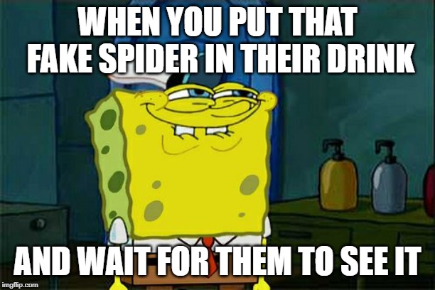 Don't You Squidward Meme | WHEN YOU PUT THAT FAKE SPIDER IN THEIR DRINK; AND WAIT FOR THEM TO SEE IT | image tagged in memes,dont you squidward | made w/ Imgflip meme maker