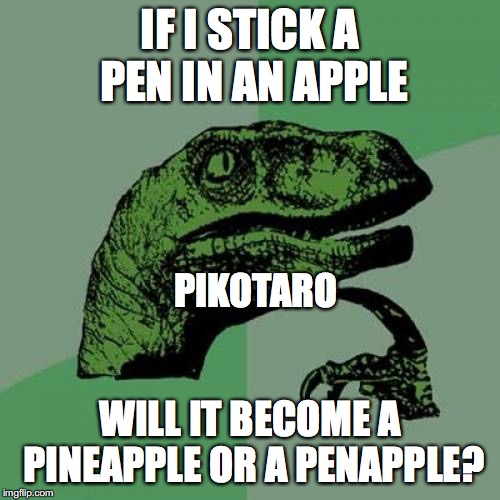 Philosoraptor | IF I STICK A PEN IN AN APPLE; PIKOTARO; WILL IT BECOME A PINEAPPLE OR A PENAPPLE? | image tagged in memes,philosoraptor | made w/ Imgflip meme maker