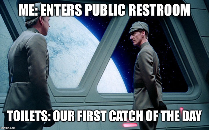 Our First Catch of the Day | ME: ENTERS PUBLIC RESTROOM; TOILETS: OUR FIRST CATCH OF THE DAY | image tagged in our first catch of the day | made w/ Imgflip meme maker