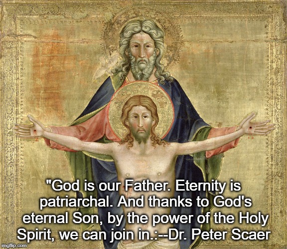 Holy Trinity | "God is our Father. Eternity is patriarchal. And thanks to God's eternal Son, by the power of the Holy Spirit, we can join in.:--Dr. Peter S | image tagged in the truth | made w/ Imgflip meme maker