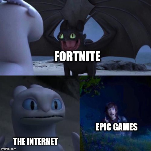 Internet Meets Fortnite | FORTNITE; EPIC GAMES; THE INTERNET | image tagged in toothless presents himself,memes | made w/ Imgflip meme maker