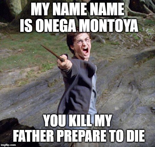 Harry potter | MY NAME NAME IS ONEGA MONTOYA; YOU KILL MY FATHER PREPARE TO DIE | image tagged in harry potter | made w/ Imgflip meme maker