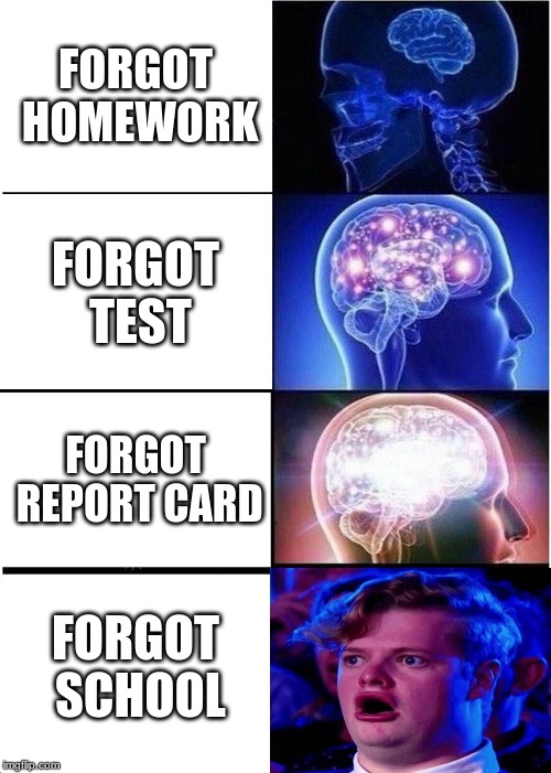 Expanding Brain | FORGOT HOMEWORK; FORGOT TEST; FORGOT REPORT CARD; FORGOT SCHOOL | image tagged in memes,expanding brain | made w/ Imgflip meme maker