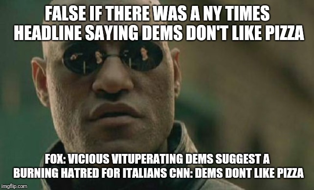 Matrix Morpheus Meme | FALSE IF THERE WAS A NY TIMES HEADLINE SAYING DEMS DON'T LIKE PIZZA FOX: VICIOUS VITUPERATING DEMS SUGGEST A BURNING HATRED FOR ITALIANS CNN | image tagged in memes,matrix morpheus | made w/ Imgflip meme maker