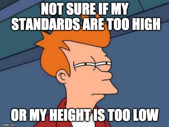 Futurama Fry Meme | NOT SURE IF MY STANDARDS ARE TOO HIGH; OR MY HEIGHT IS TOO LOW | image tagged in memes,futurama fry,AdviceAnimals | made w/ Imgflip meme maker