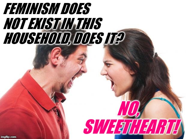TradLife Kai | FEMINISM DOES NOT EXIST IN THIS HOUSEHOLD, DOES IT? NO, SWEETHEART! | image tagged in feminism,funny memes,karate kid,cobra kai,mashup,angry fighting married couple husband  wife | made w/ Imgflip meme maker