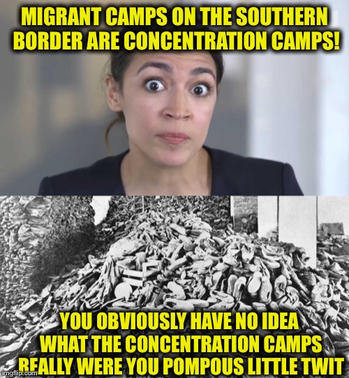 This woman’s ignorance isn’t even funny anymore!! | MIGRANT CAMPS ON THE SOUTHERN BORDER ARE CONCENTRATION CAMPS! YOU OBVIOUSLY HAVE NO IDEA WHAT THE CONCENTRATION CAMPS REALLY WERE YOU POMPOUS LITTLE TWIT | image tagged in crazy alexandria ocasio-cortez,alexandria ocasio-cortez,holocaust | made w/ Imgflip meme maker