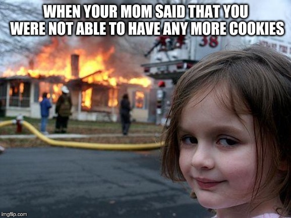 Disaster Girl | WHEN YOUR MOM SAID THAT YOU WERE NOT ABLE TO HAVE ANY MORE COOKIES | image tagged in memes,disaster girl | made w/ Imgflip meme maker