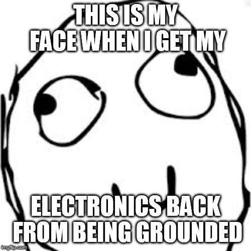 derp meme | THIS IS MY FACE WHEN I GET MY; ELECTRONICS BACK FROM BEING GROUNDED | image tagged in derp meme | made w/ Imgflip meme maker