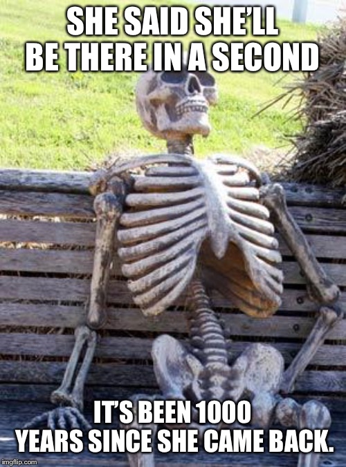 Waiting Skeleton Meme | SHE SAID SHE’LL BE THERE IN A SECOND; IT’S BEEN 1000 YEARS SINCE SHE CAME BACK. | image tagged in memes,waiting skeleton | made w/ Imgflip meme maker